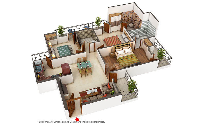 The floor plan size of Rajhans Residency 3 BHK Flat is 1460 sq ft.